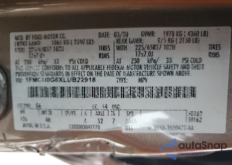 2020 Ford Escape Se from USA, damaged, VIN 1FMCU0G6XLUB22918
